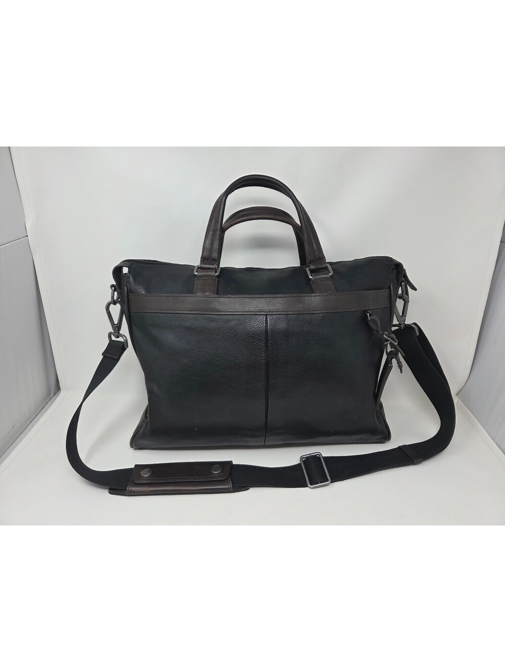 Tumi Black Leather Briefcase Brown Trim Shoulder Strap Handles Luggage Tag